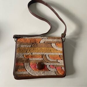 Vintage brown faux leather purse with textured velvet design on front